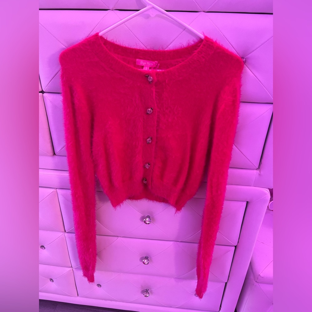 Sugar Thrillz Hot Pink Fuzzy Cropped Cardigan